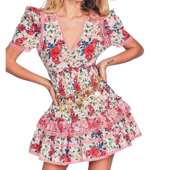 LoveShackFancy Rena Rose Floral Ruffle Mini Dress in Rush of Red Women’s Medium - Picture 2 of 16